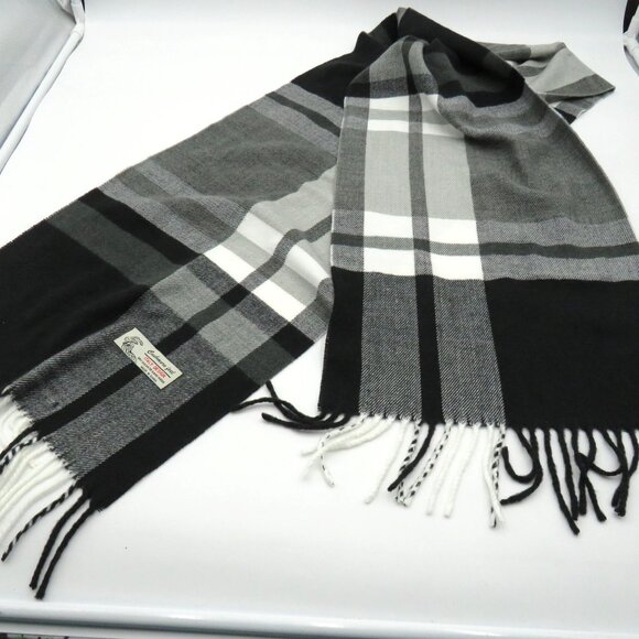 Italy Design Scarf Black 68" White Plaid Cashmere Feel Fringe Unisex Soft - Picture 4 of 5